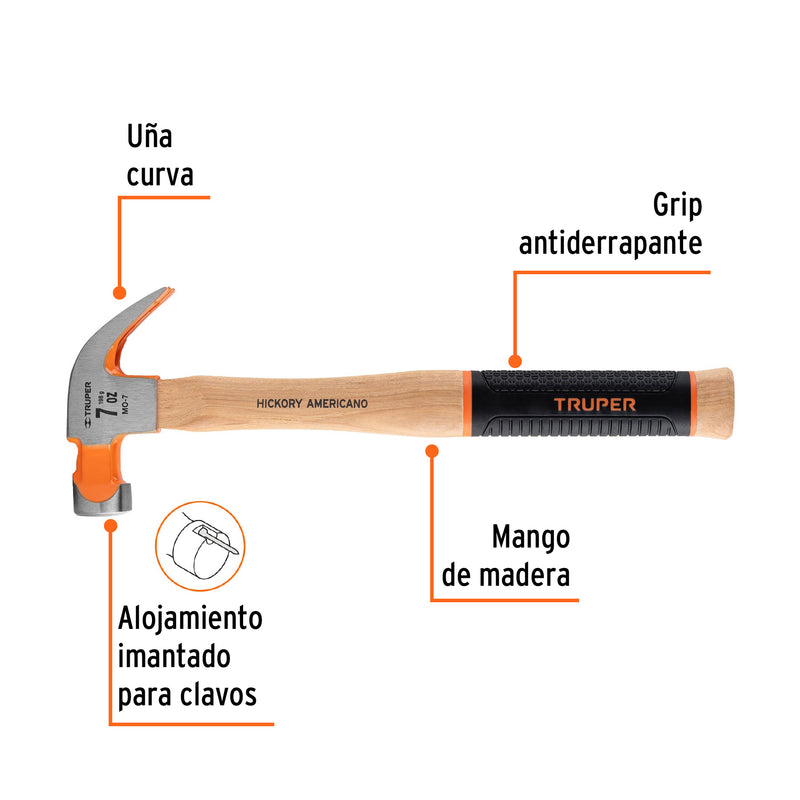 Martillo pulido uña curva 7oz, mango de hickory