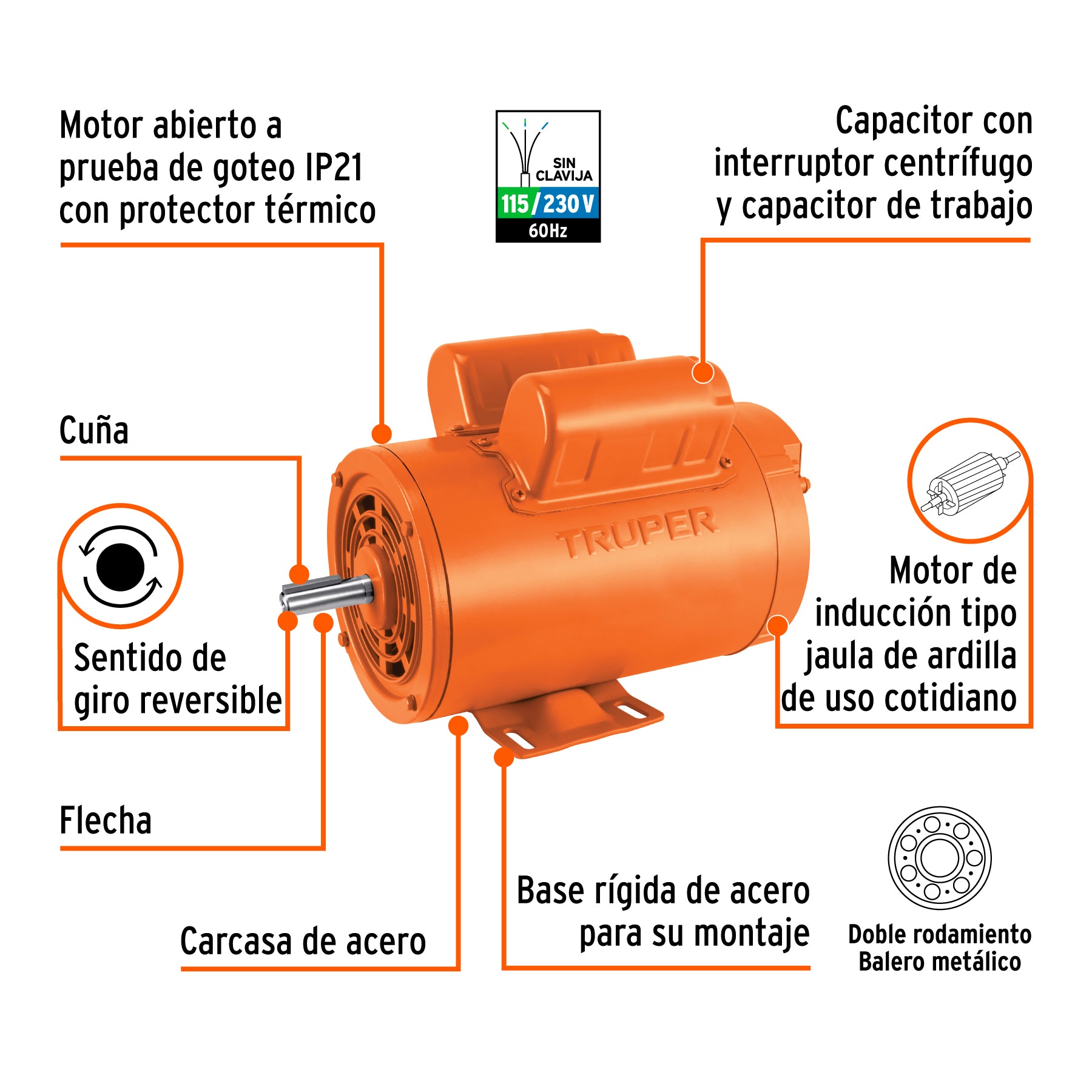 Motor monofásico de 1/4 HP, baja, Truper