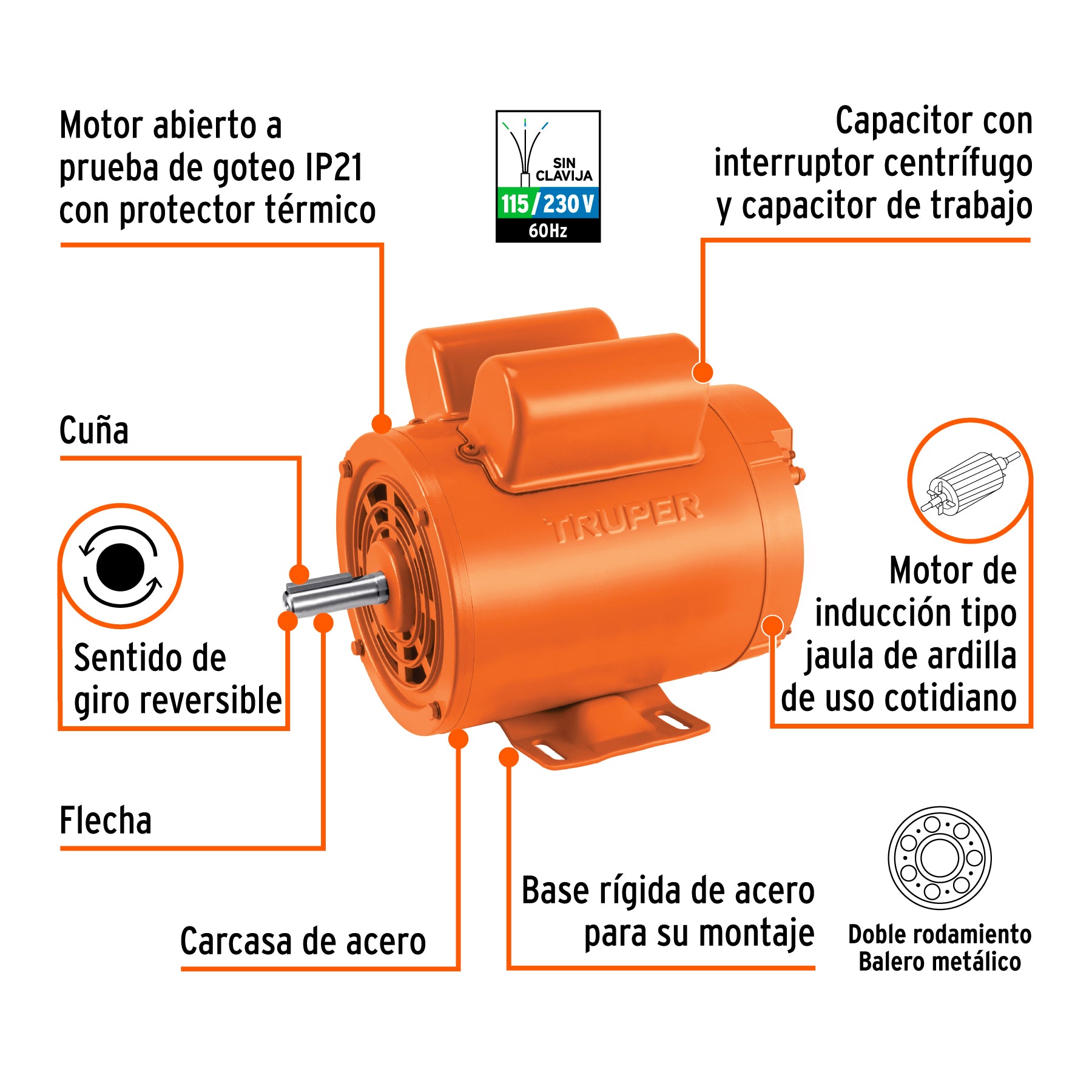 Motor monofásico de 1 HP, baja, Truper