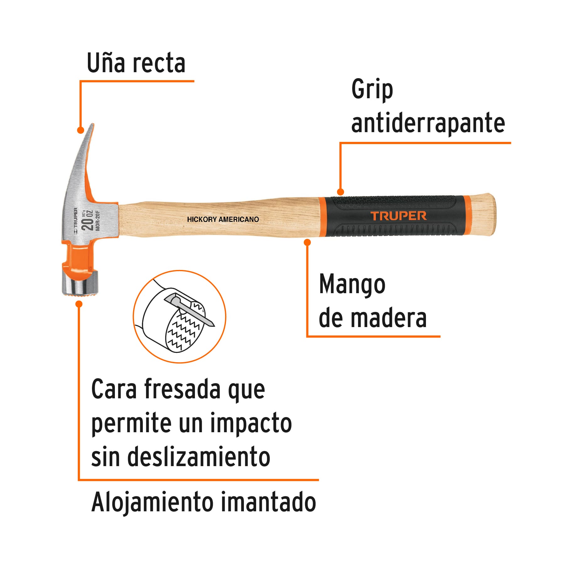Martillo pulido uña recta 20 oz, boca fresada, mango hickory