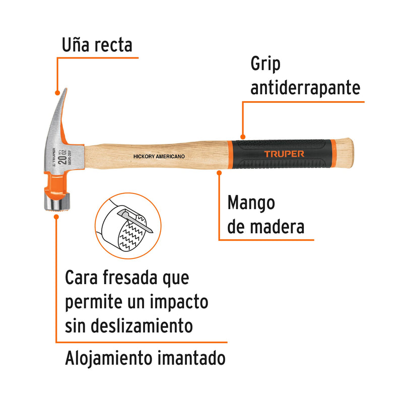 Martillo pulido uña recta 20 oz, boca fresada, mango hickory