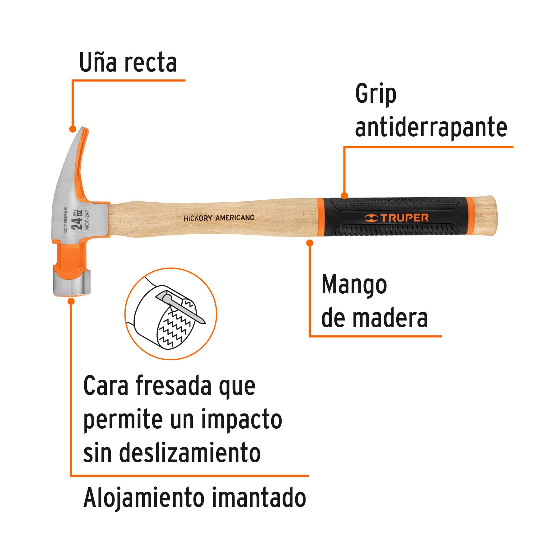 Martillo pulido uña recta 24 oz, boca fresada, mango hickory