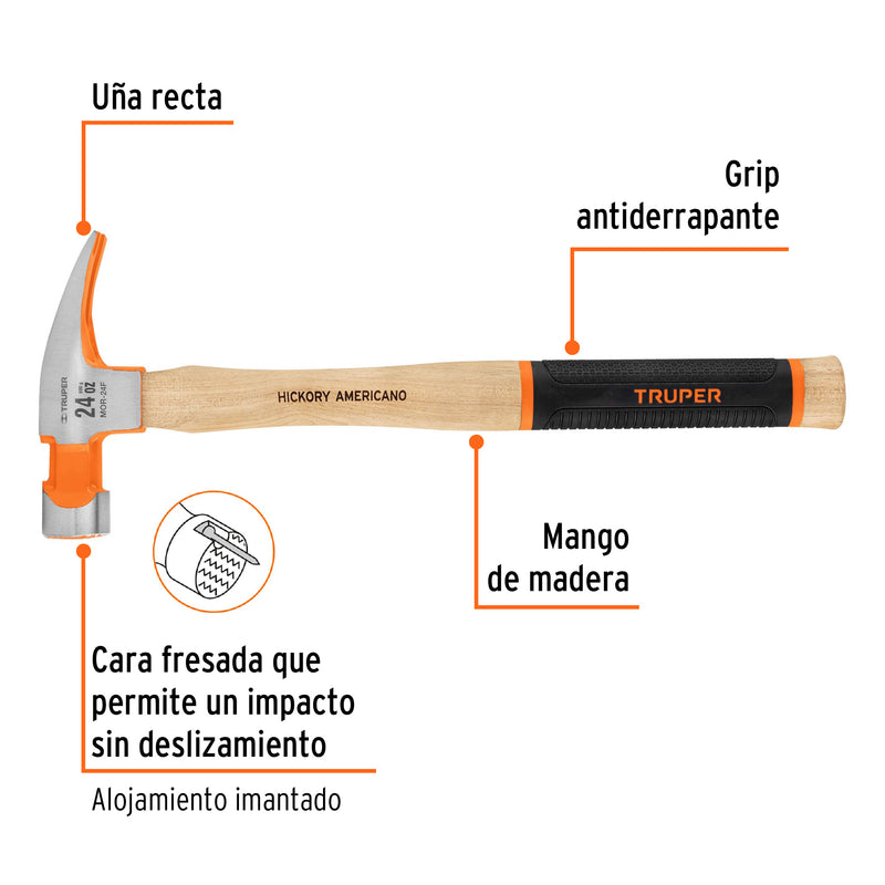 Martillo pulido uña recta 24 oz, boca fresada, mango hickory