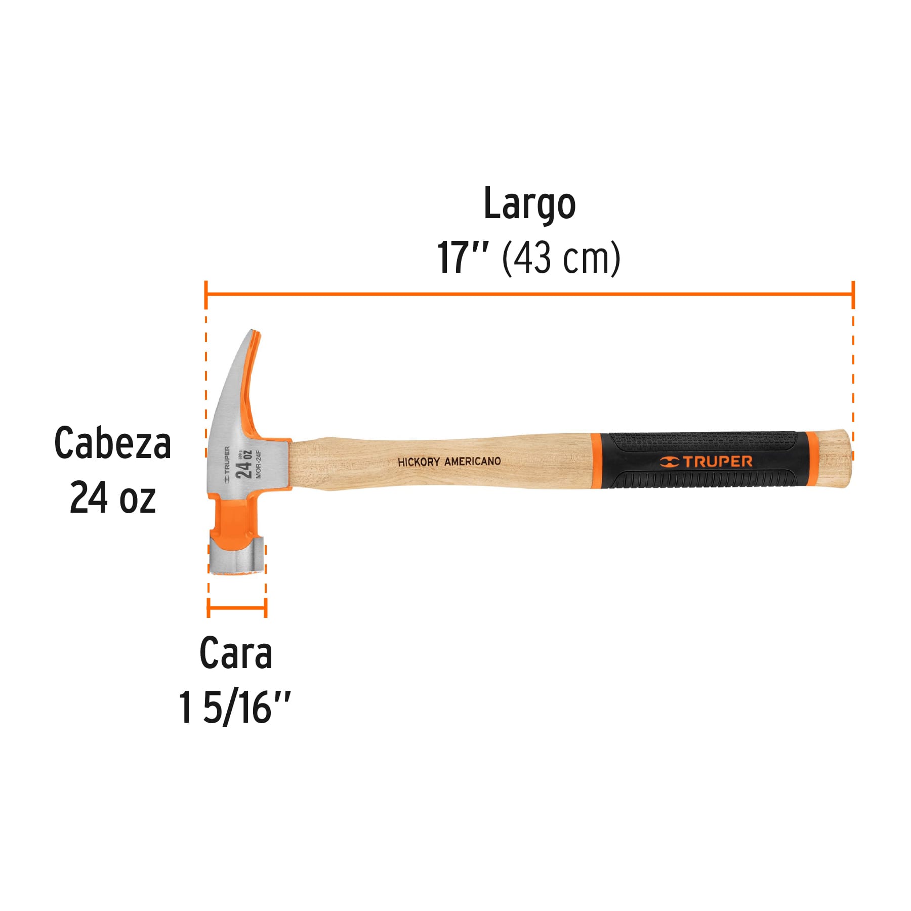 Martillo pulido uña recta 24 oz, boca fresada, mango hickory