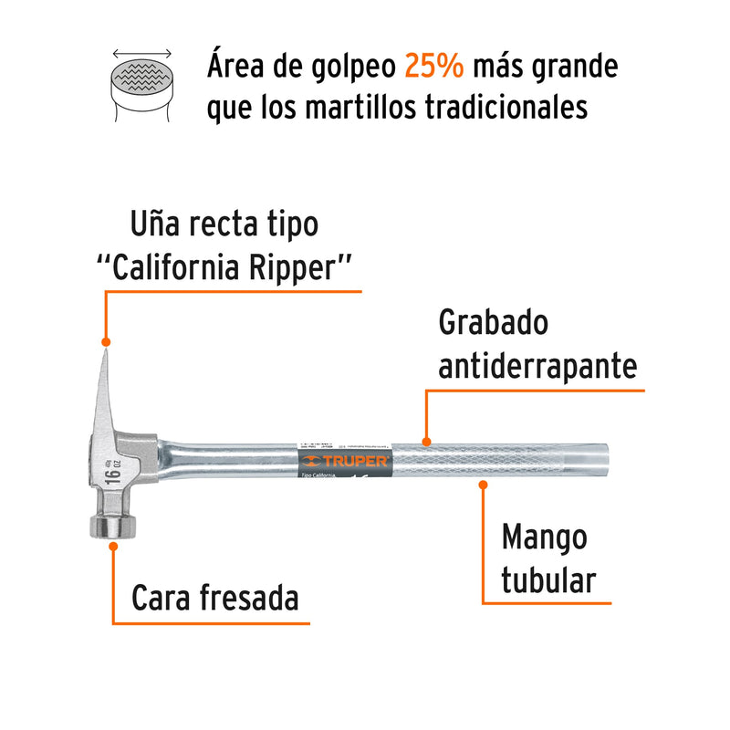 Martillo California Ripper, boca fresada, 16 oz, mgo.tubular