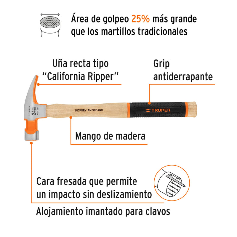Martillo California Ripper, boca fresada, 16 oz, hickory