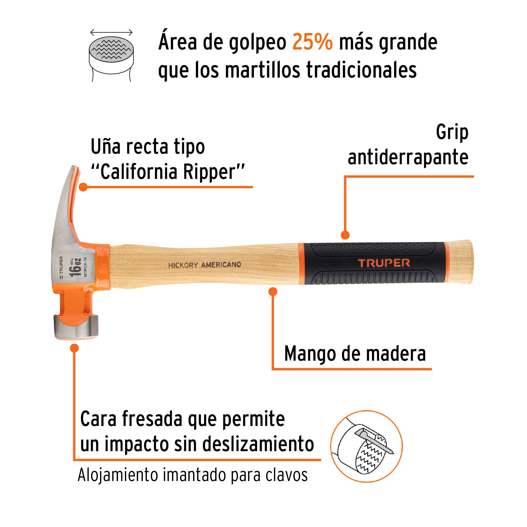 Martillo California Ripper, boca fresada, 16 oz, hickory
