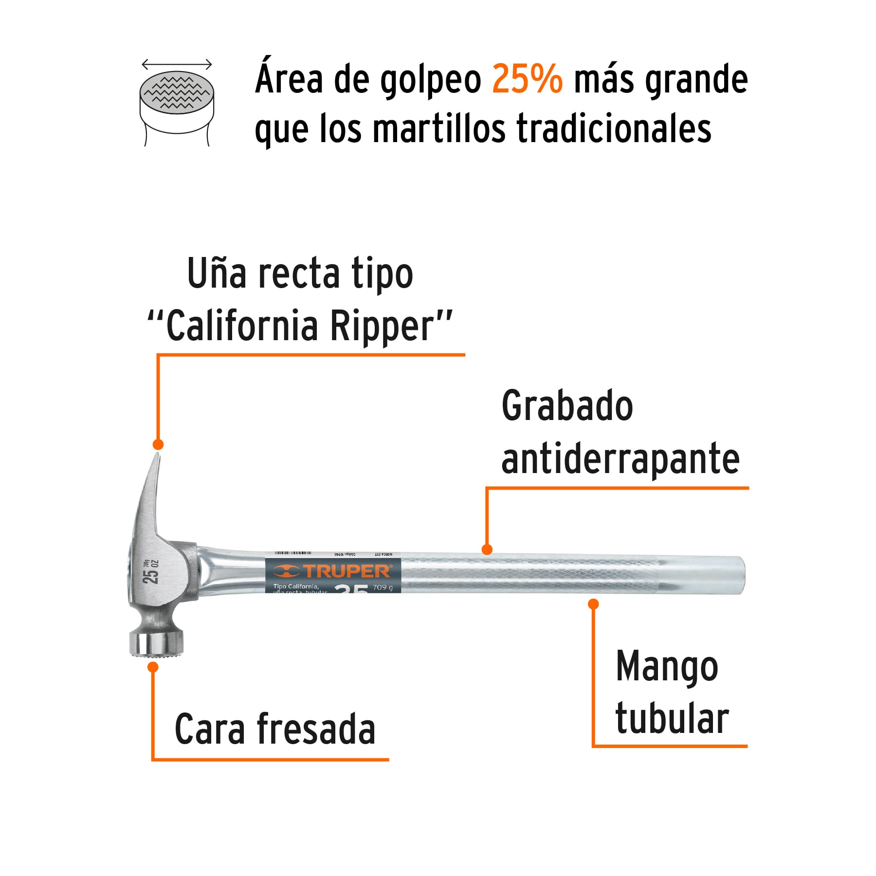 Martillo California Ripper, boca fresada, 25oz, mgo. tubular SUSTITUTO