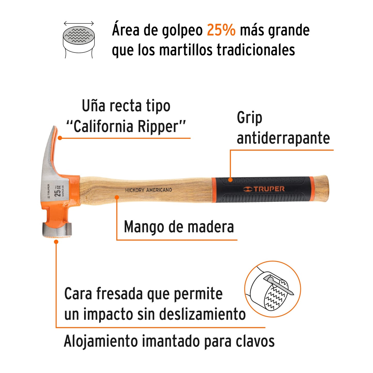 Martillo california ripper, boca fresada, 25 oz, hickory