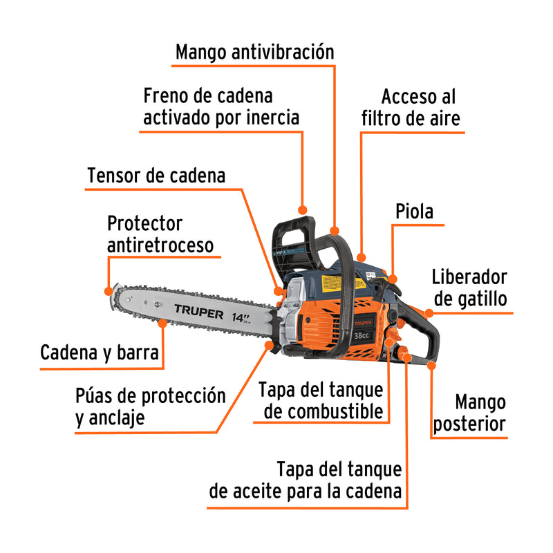 Motosierra 38 cc a gasolina con barra de 14', Truper