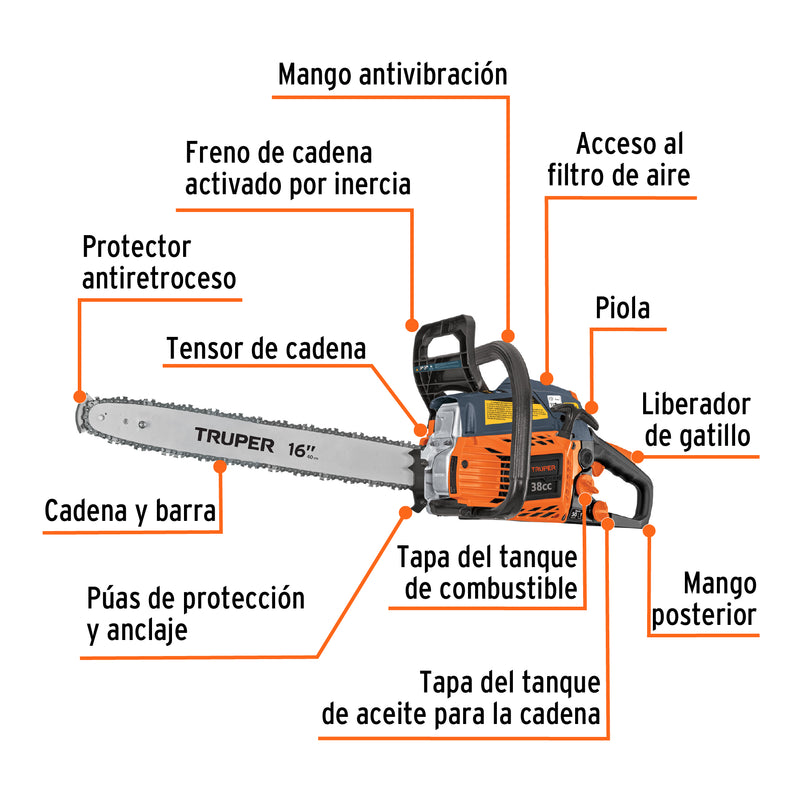 Motosierra 38 cc a gasolina con barra de 16', Truper