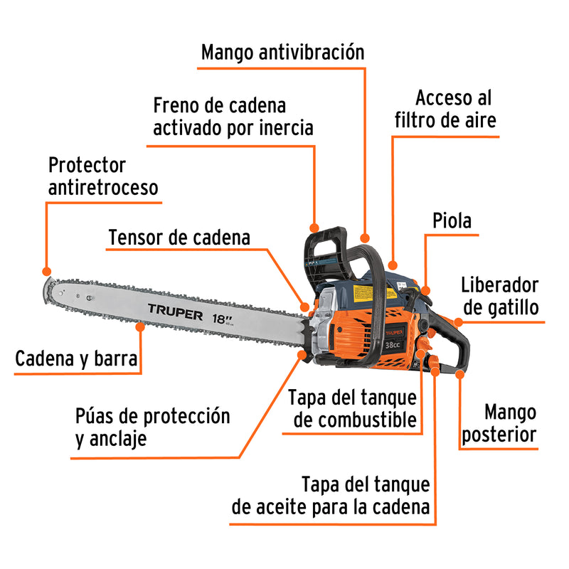 Motosierra 38 cc a gasolina con barra de 18', Truper
