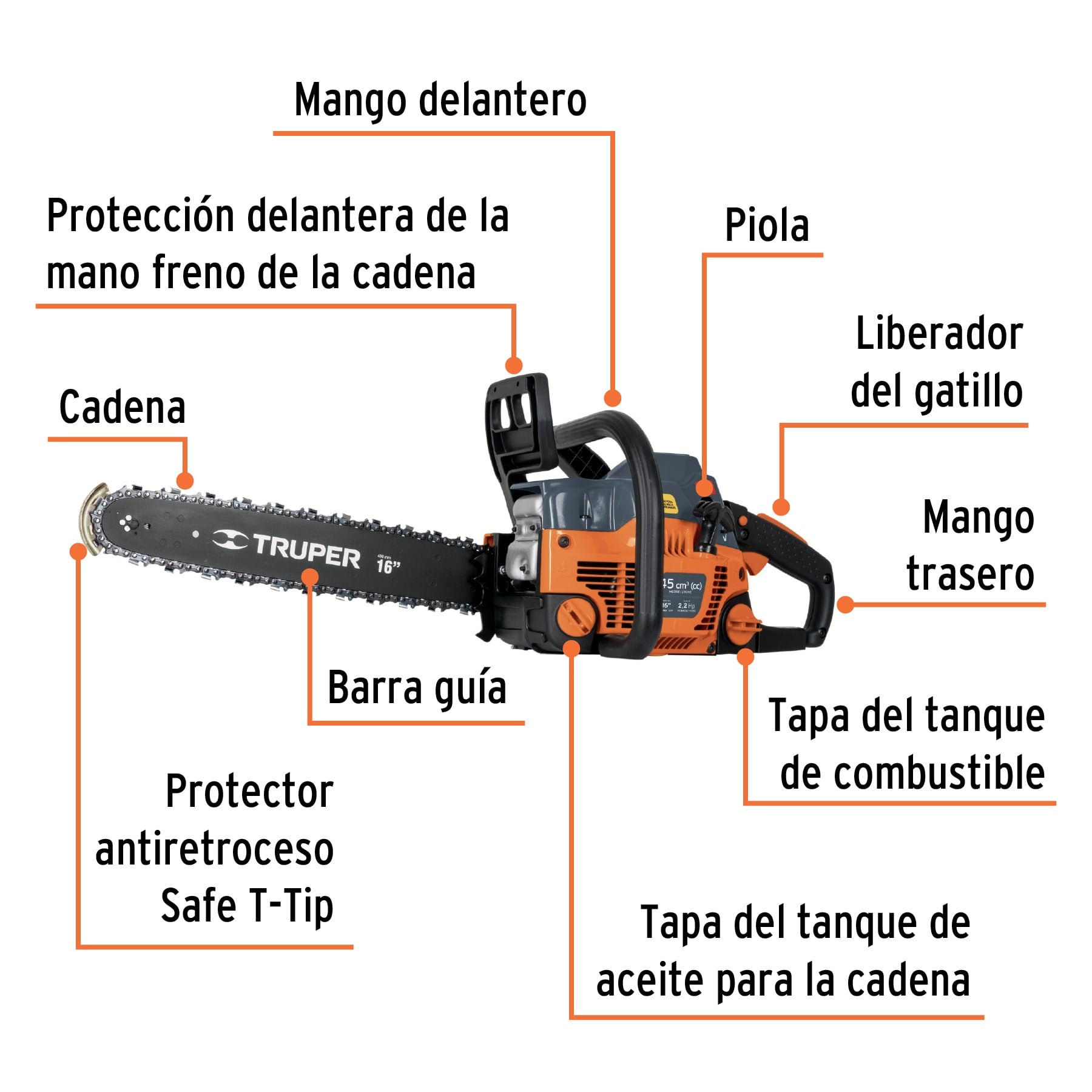 Motosierra a gasolina, motor 45 cc, barra 16"