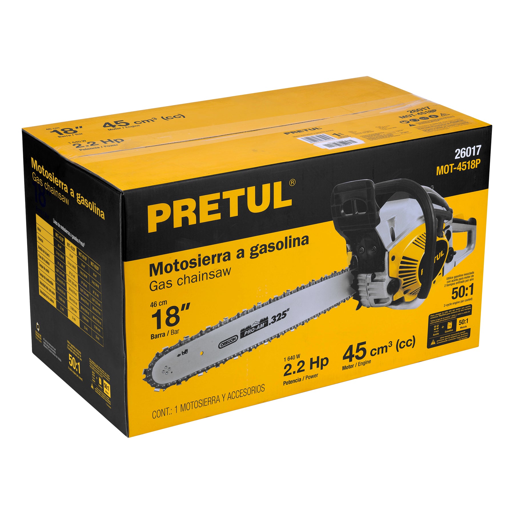 Motosierra a gasolina, motor 45 cc, barra 18", Pretul