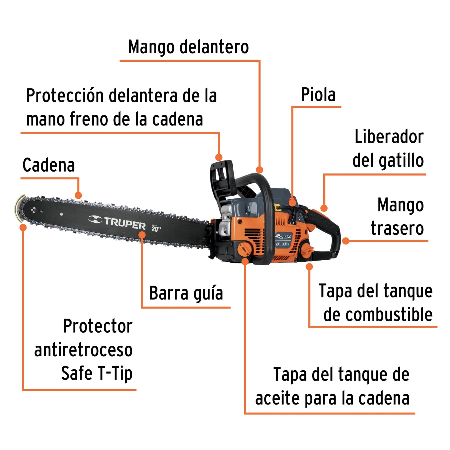 Motosierra a gasolina, motor 45 cc, barra 20" SUSTITUYE 26015