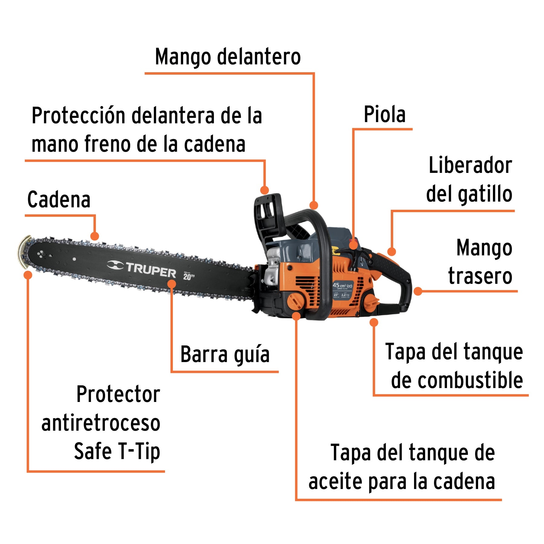 Motosierra a gasolina, motor 45 cc, barra 20" SUSTITUYE 26015