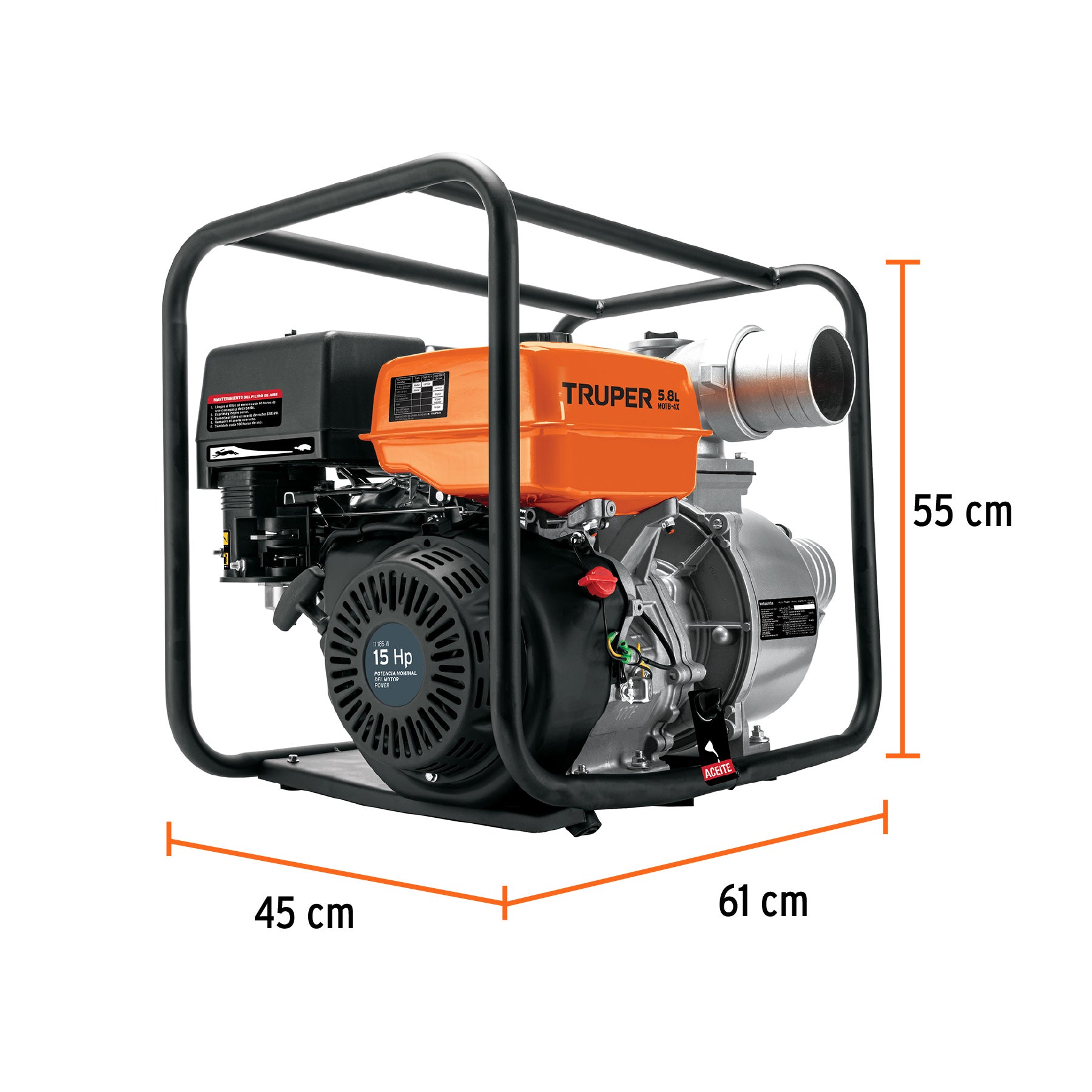Motobomba autocebante 15 HP a gasolina 4' x 4', 4 tiempos