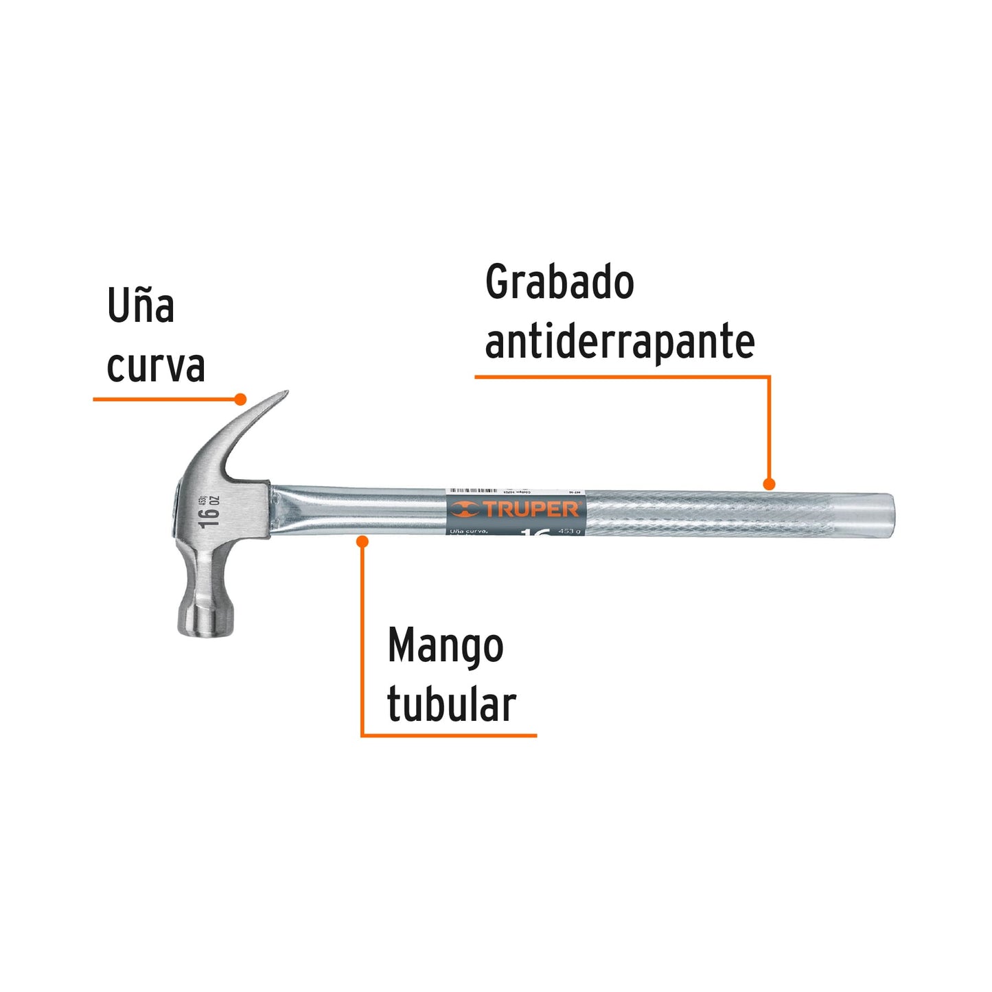 Martillo uña curva 16 oz, mango tubular
