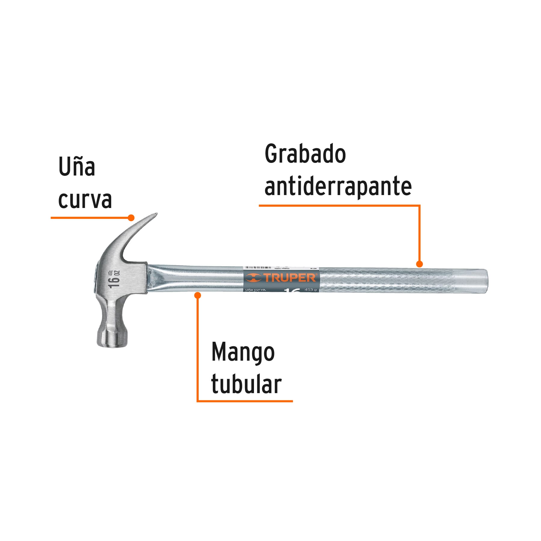 Martillo uña curva 16 oz, mango tubular
