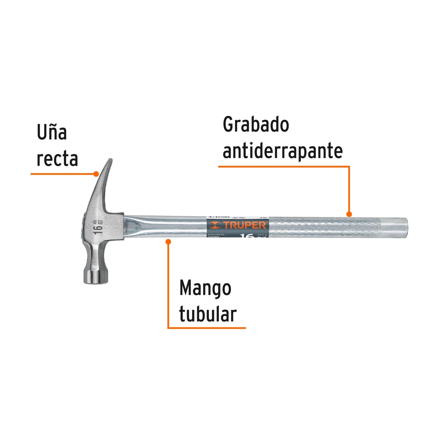 Martillo uña recta 16 oz, mango tubular