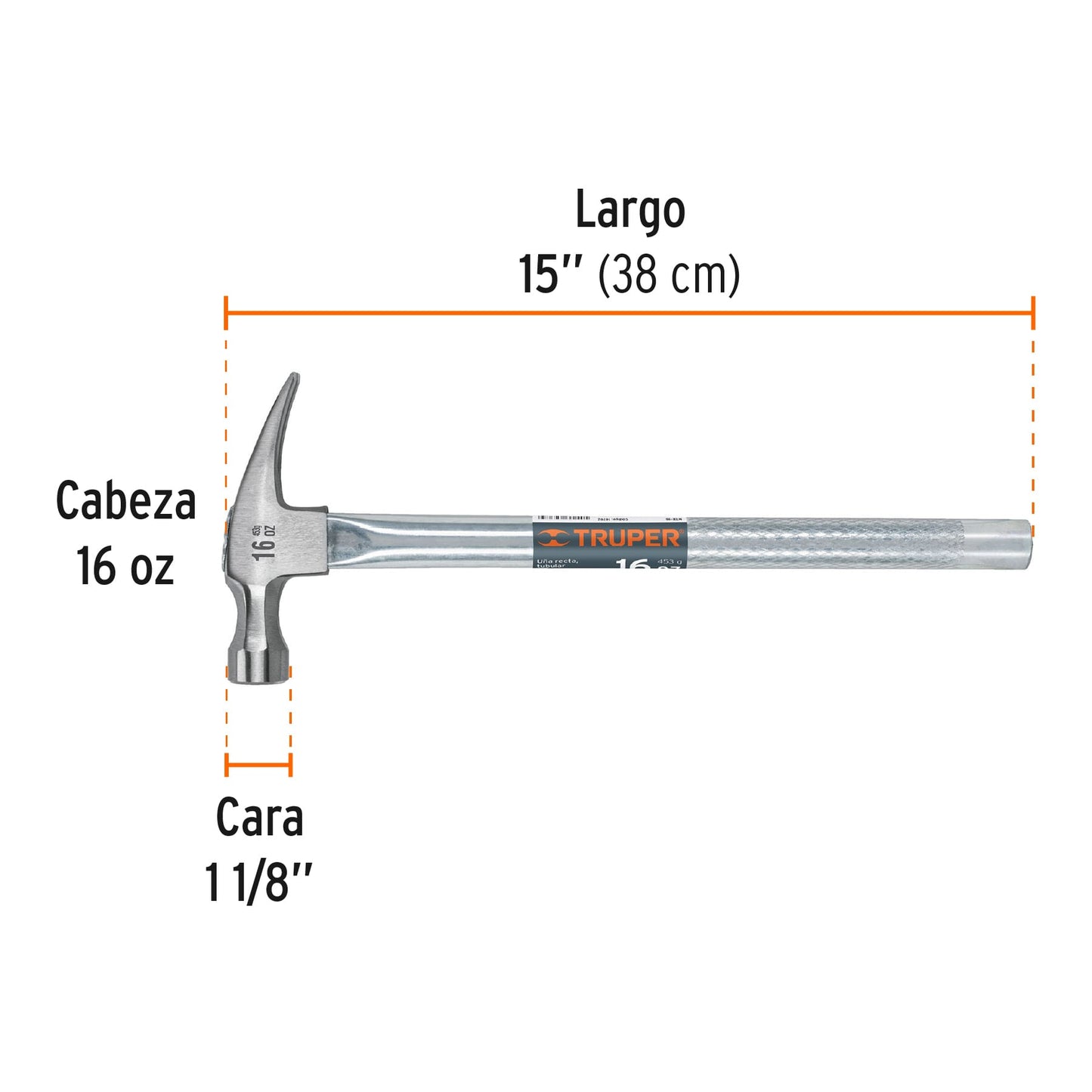 Martillo uña recta 16 oz, mango tubular