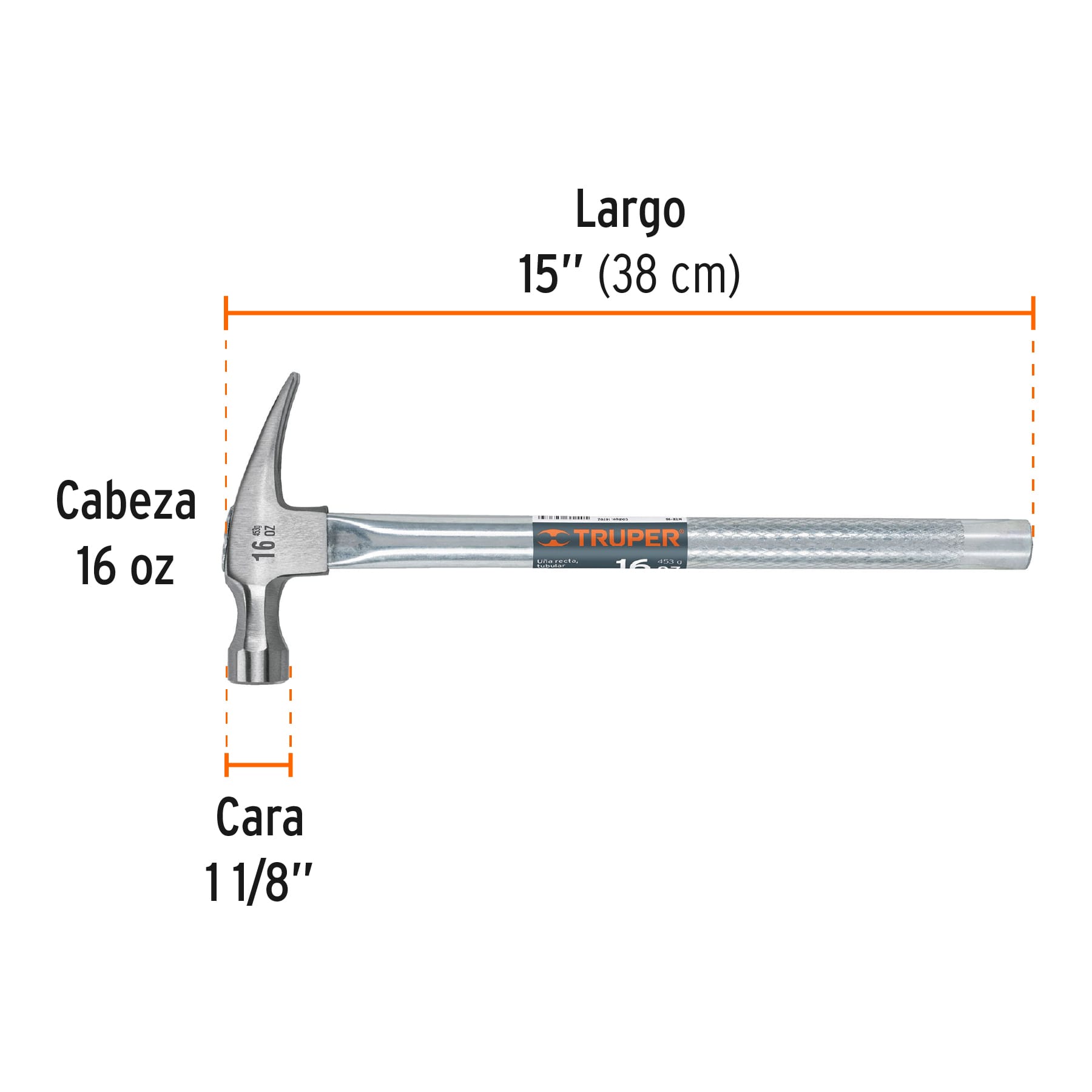Martillo uña recta 16 oz, mango tubular