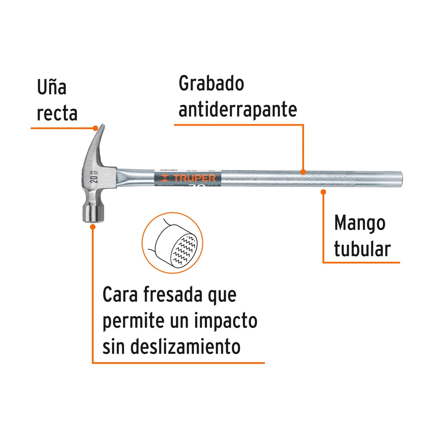 Martillo uña recta 20 oz, mango tubular, boca fresada