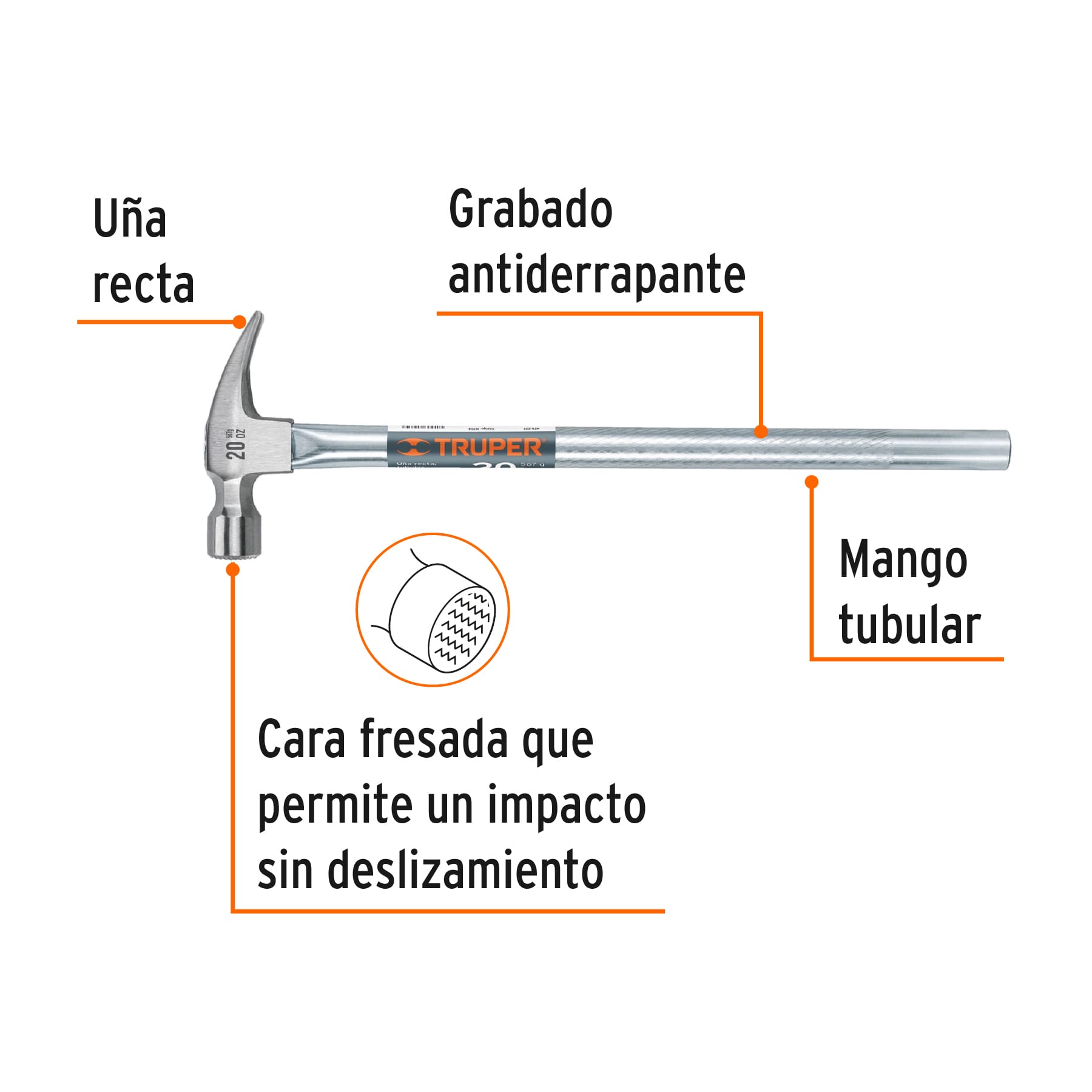 Martillo uña recta 20 oz, mango tubular, boca fresada