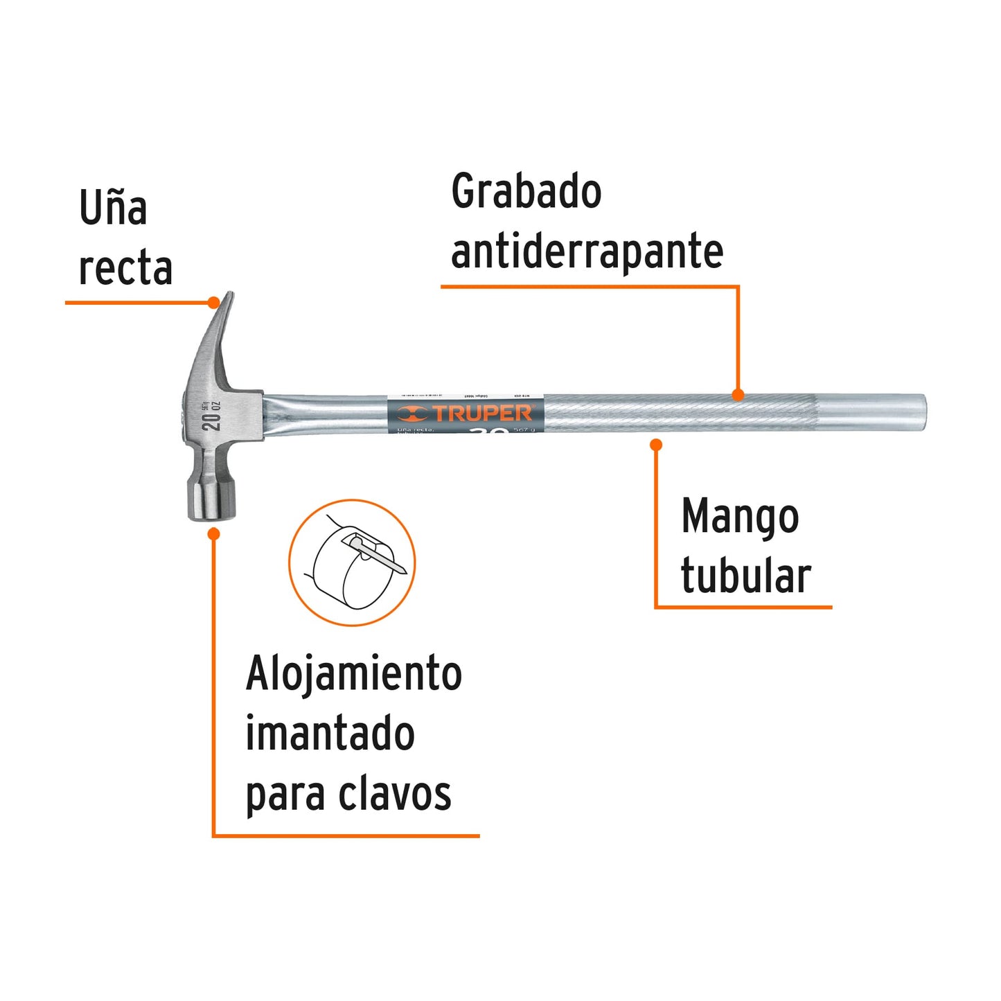 Martillo uña recta 20 oz, mango tubular, con alojamiento