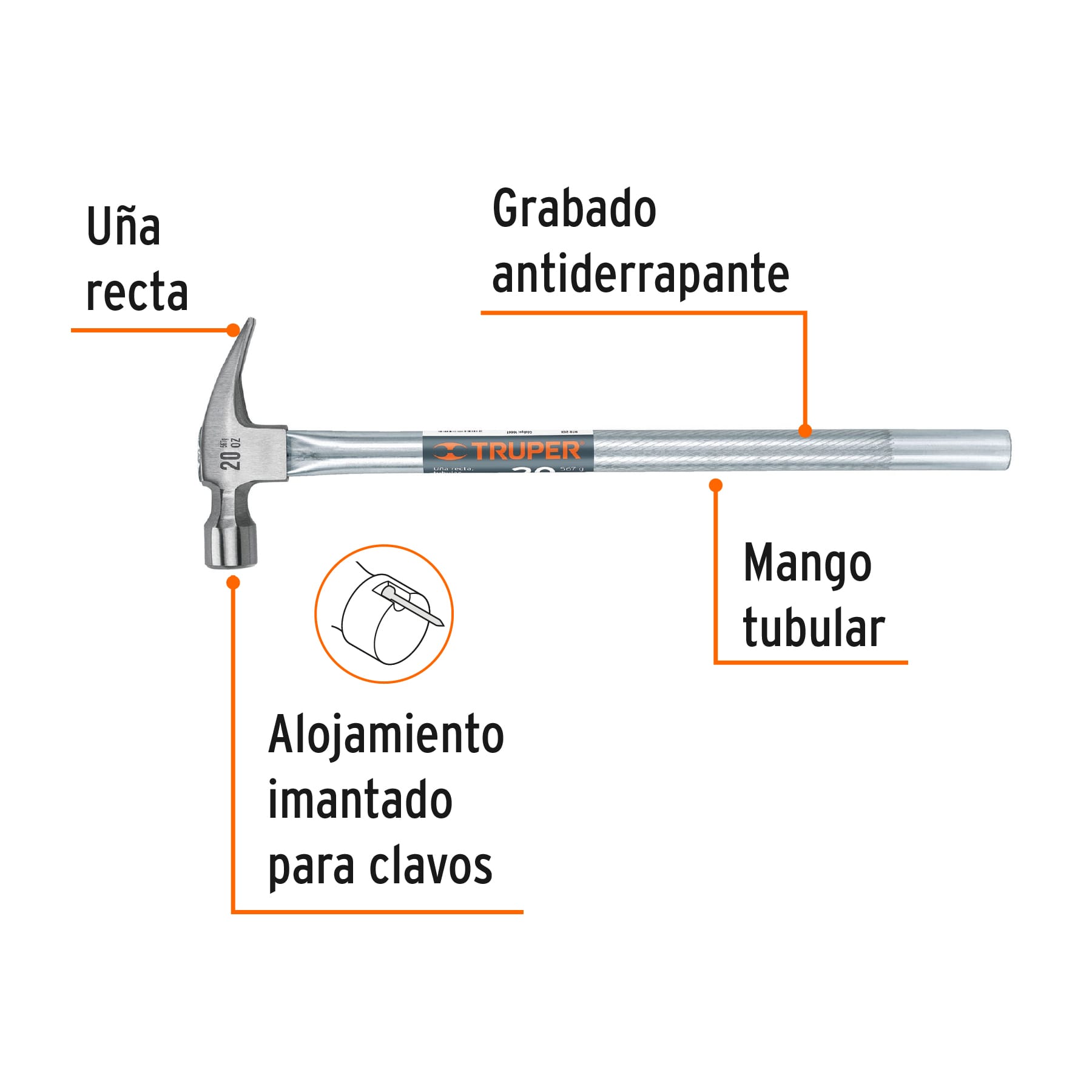 Martillo uña recta 20 oz, mango tubular, con alojamiento