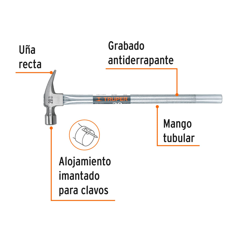 Martillo uña recta 20 oz, mango tubular, con alojamiento