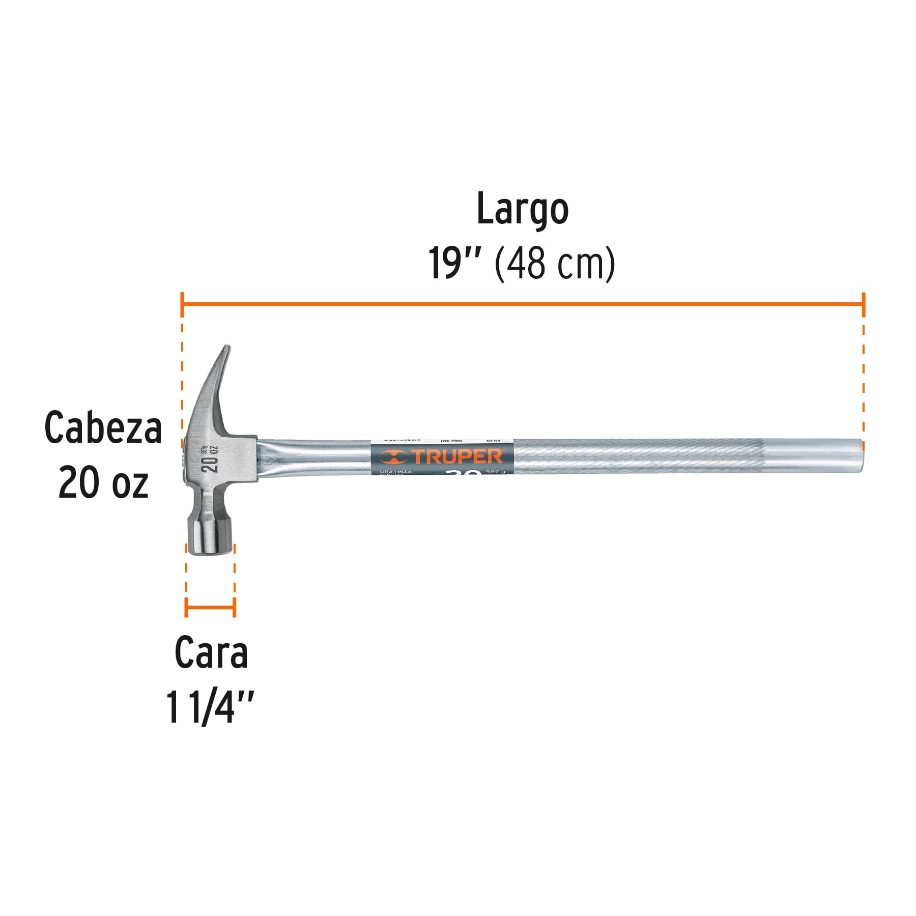 Martillo uña recta 20 oz, mango tubular, con alojamiento