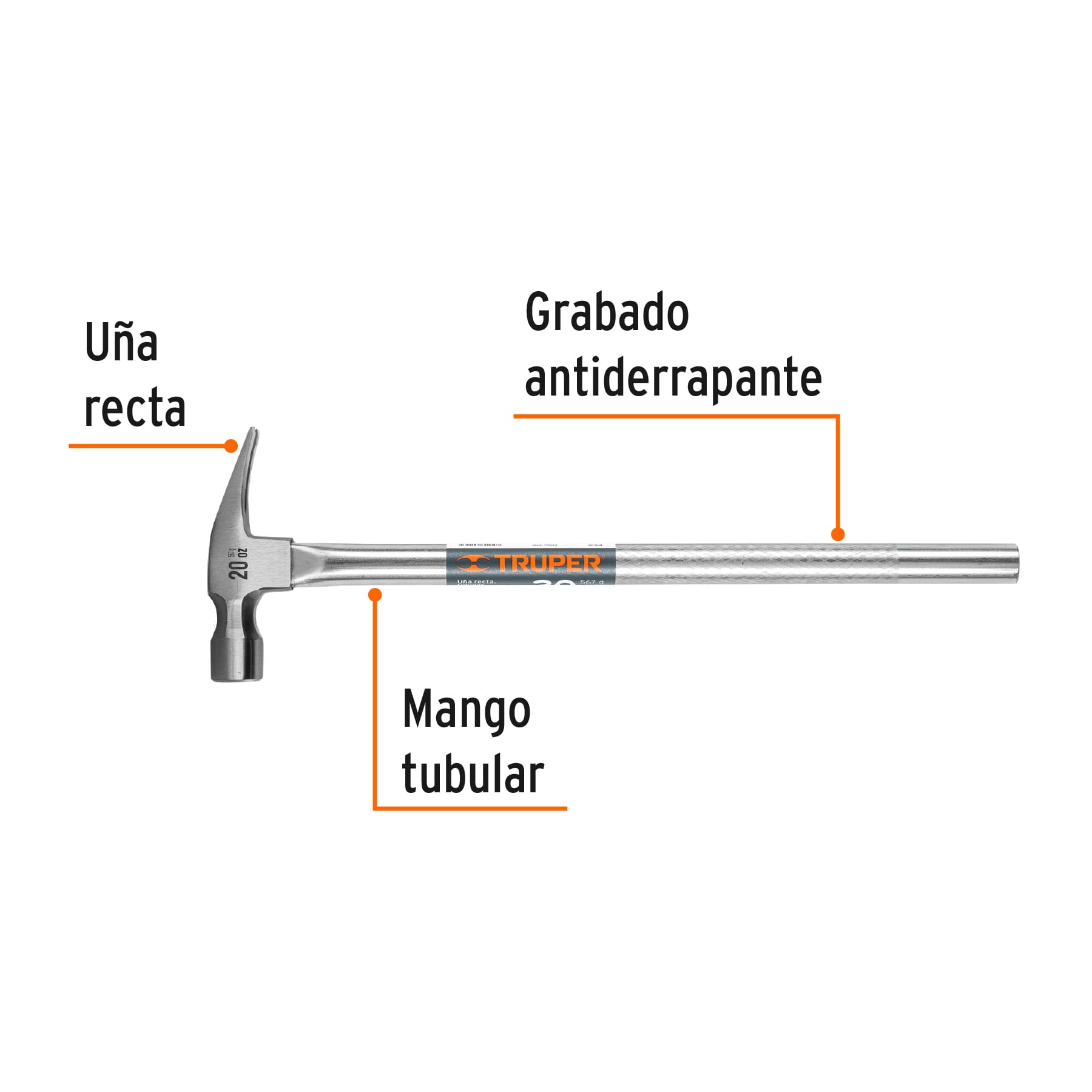 Martillo uña recta 20 oz, mango tubular