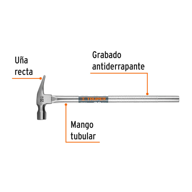 Martillo uña recta 20 oz, mango tubular