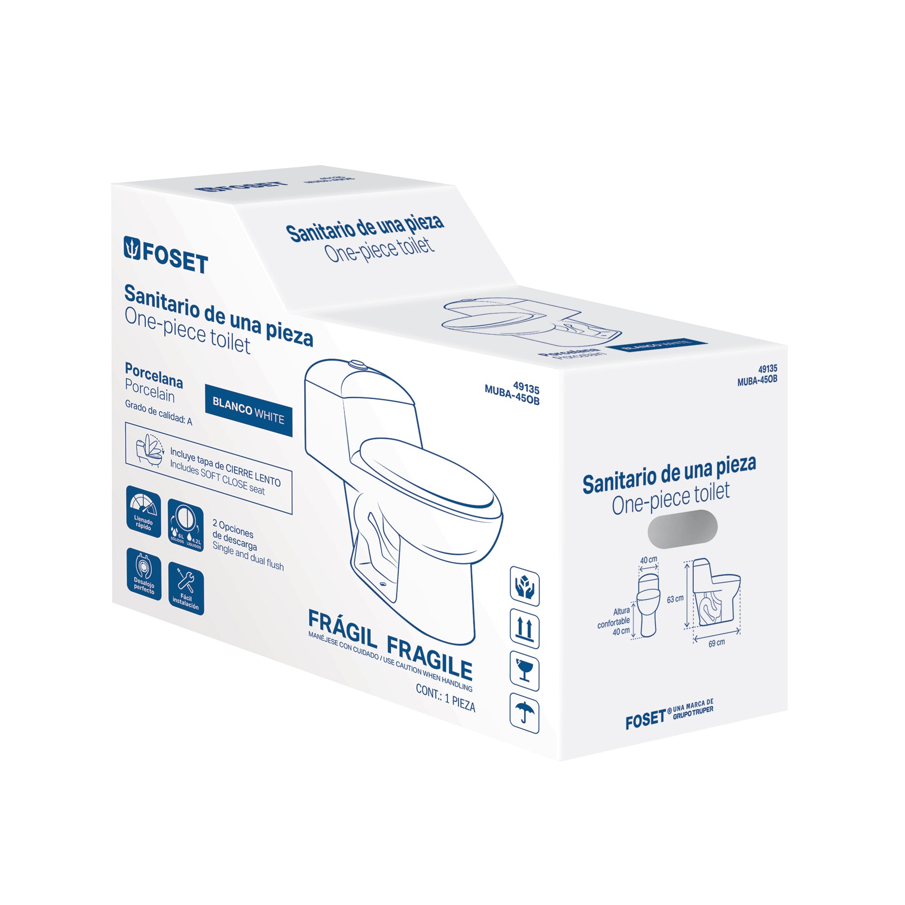 Sanitario one piece alargado, descarga dual, blanco, FOSET