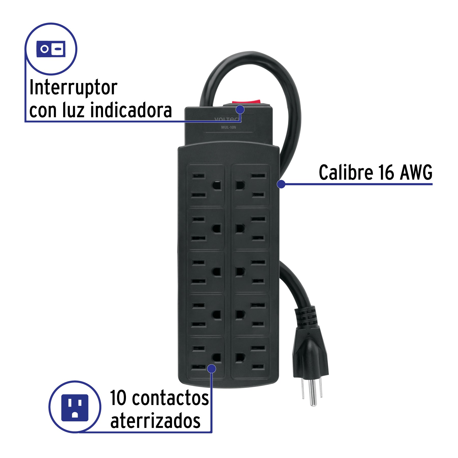Multicontacto de uso rudo con 10 entradas, negro, VOLTECK