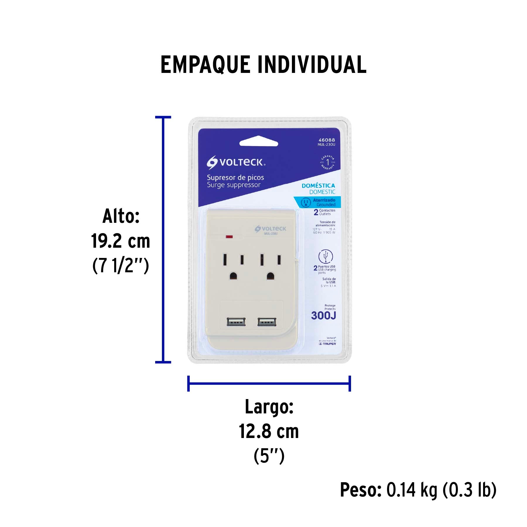 Multicontacto, 2 entradas,con 2 entradas USB, aterrizado