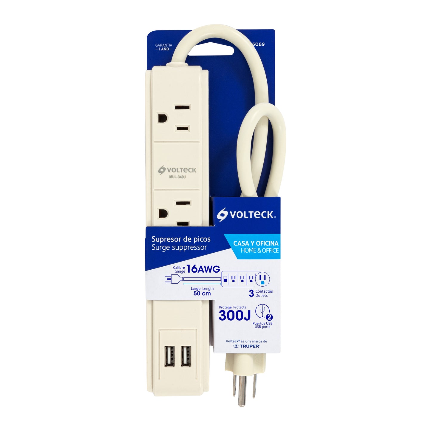 Multicontacto 3 entradas,supresor, 300 joules, 2 puertos USB