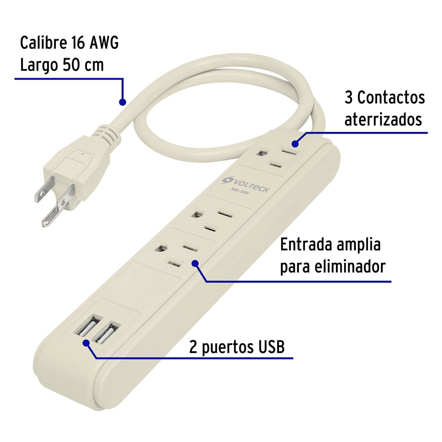 Multicontacto 3 entradas,supresor, 300 joules, 2 puertos USB