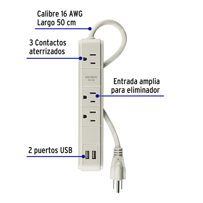 Multicontacto 3 entradas,supresor, 300 joules, 2 puertos USB