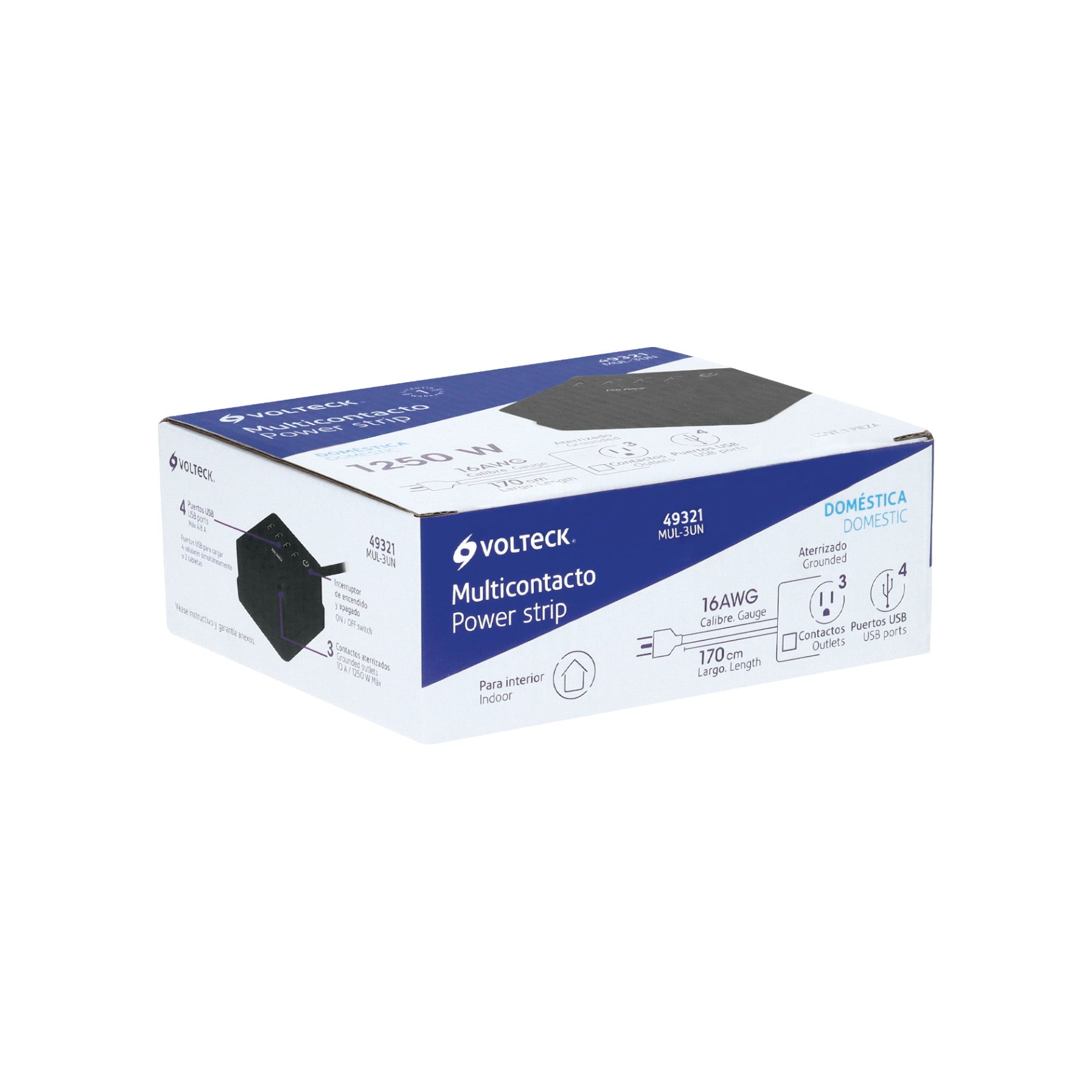 Multicontacto 16 AWG doméstico, 3 entradas 4 ptos USB, negro