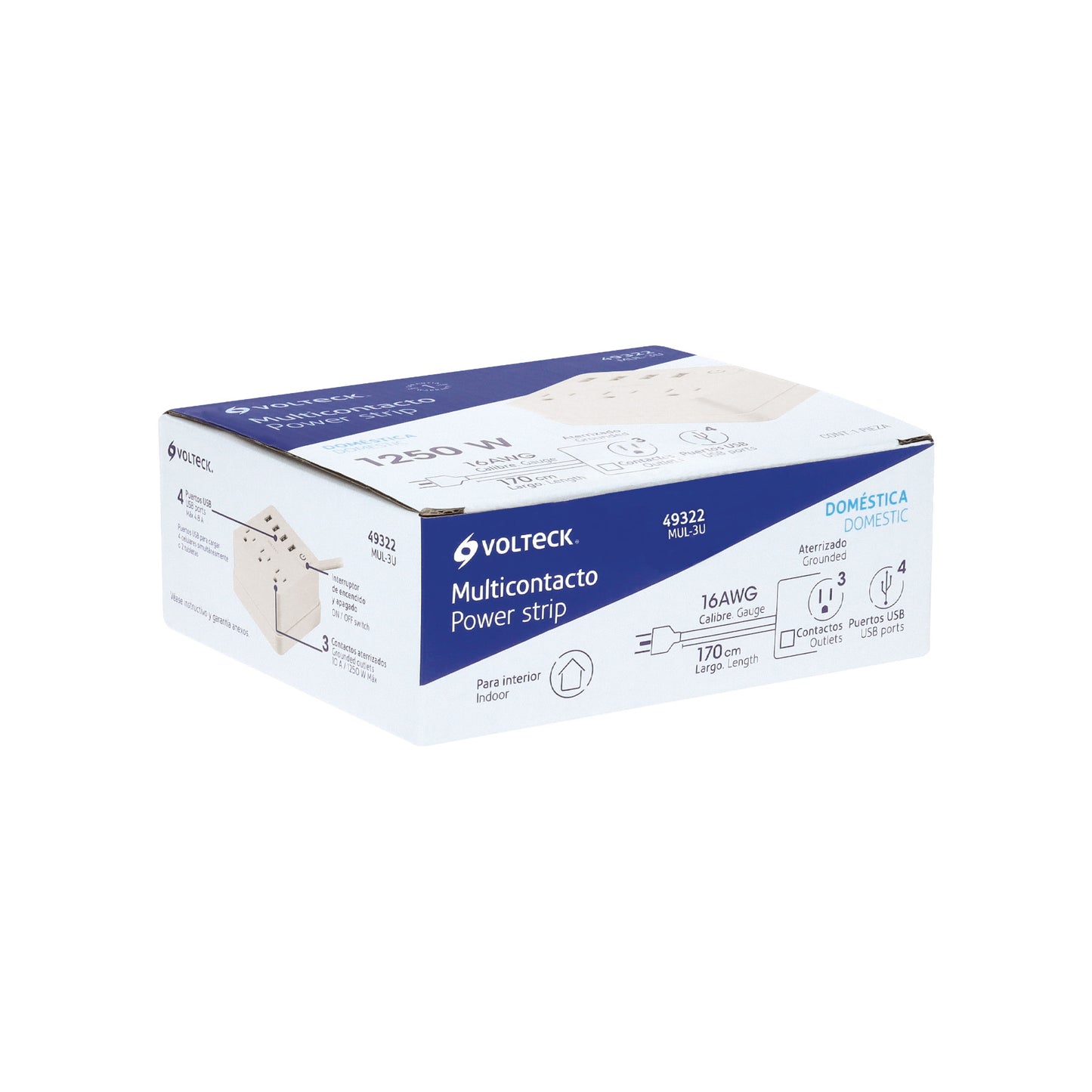 Multicontacto 16 AWG doméstico 3 entradas 4 ptos USB, blanco