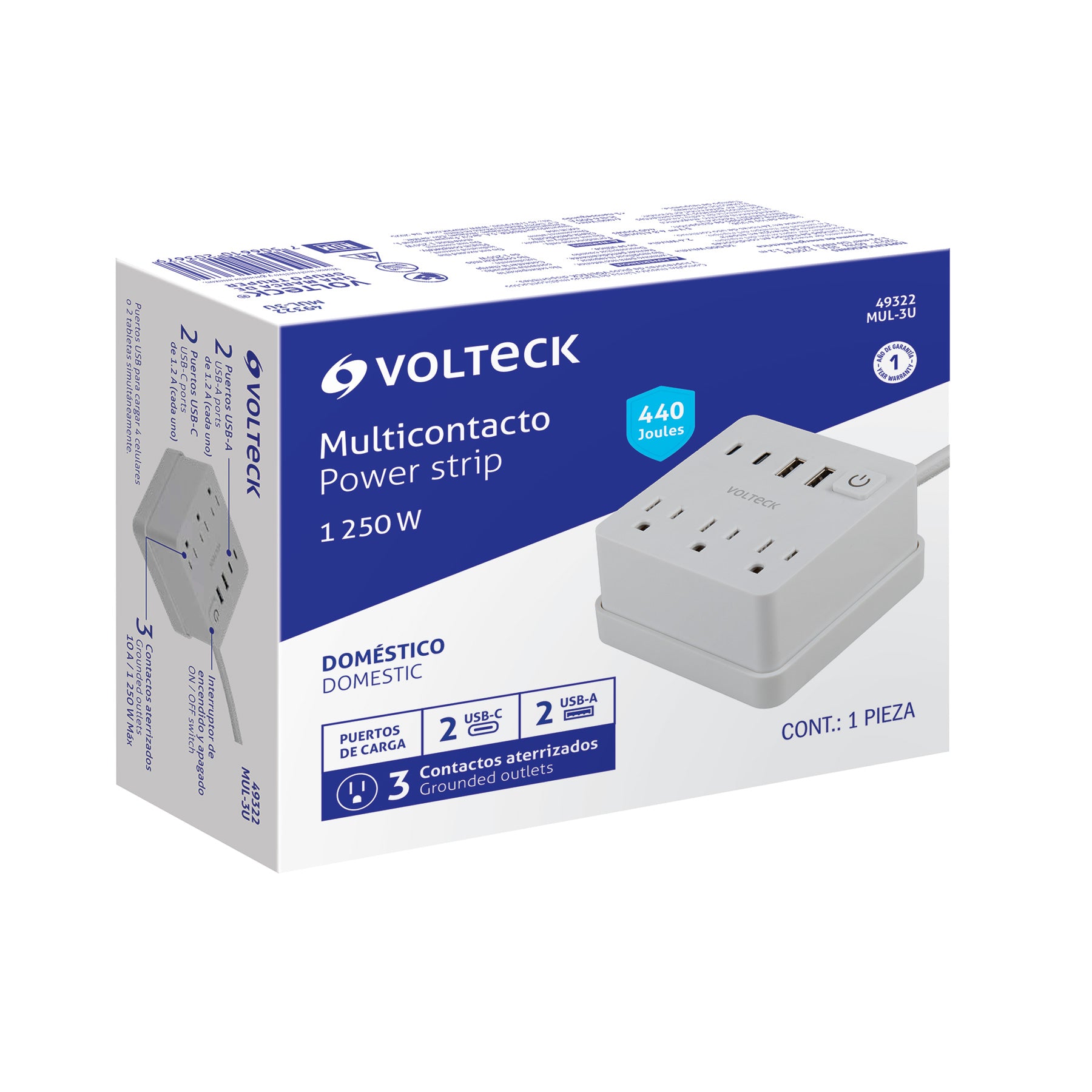 Multicontacto 16 AWG doméstico 3 entradas 4 ptos USB, blanco