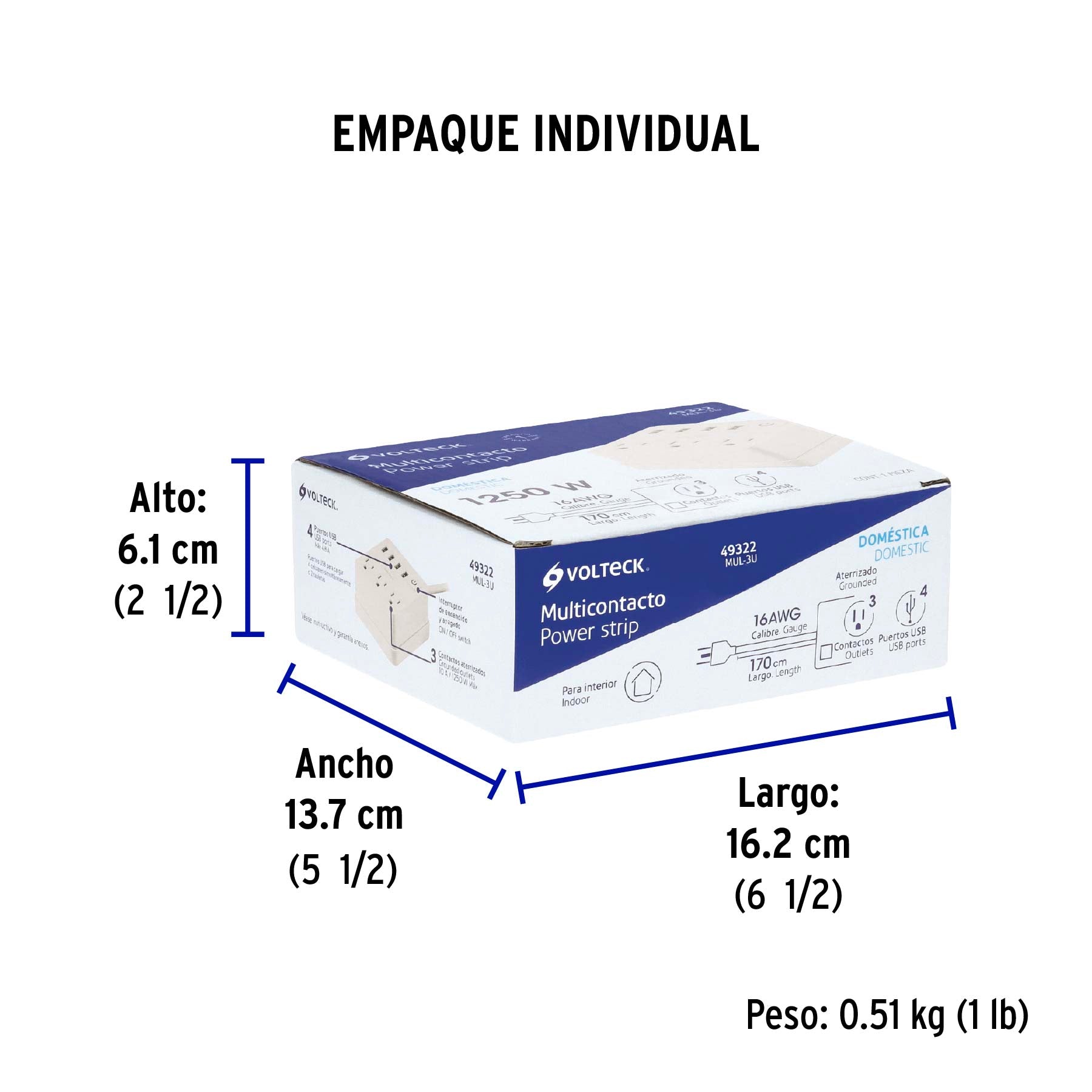Multicontacto 16 AWG doméstico 3 entradas 4 ptos USB, blanco