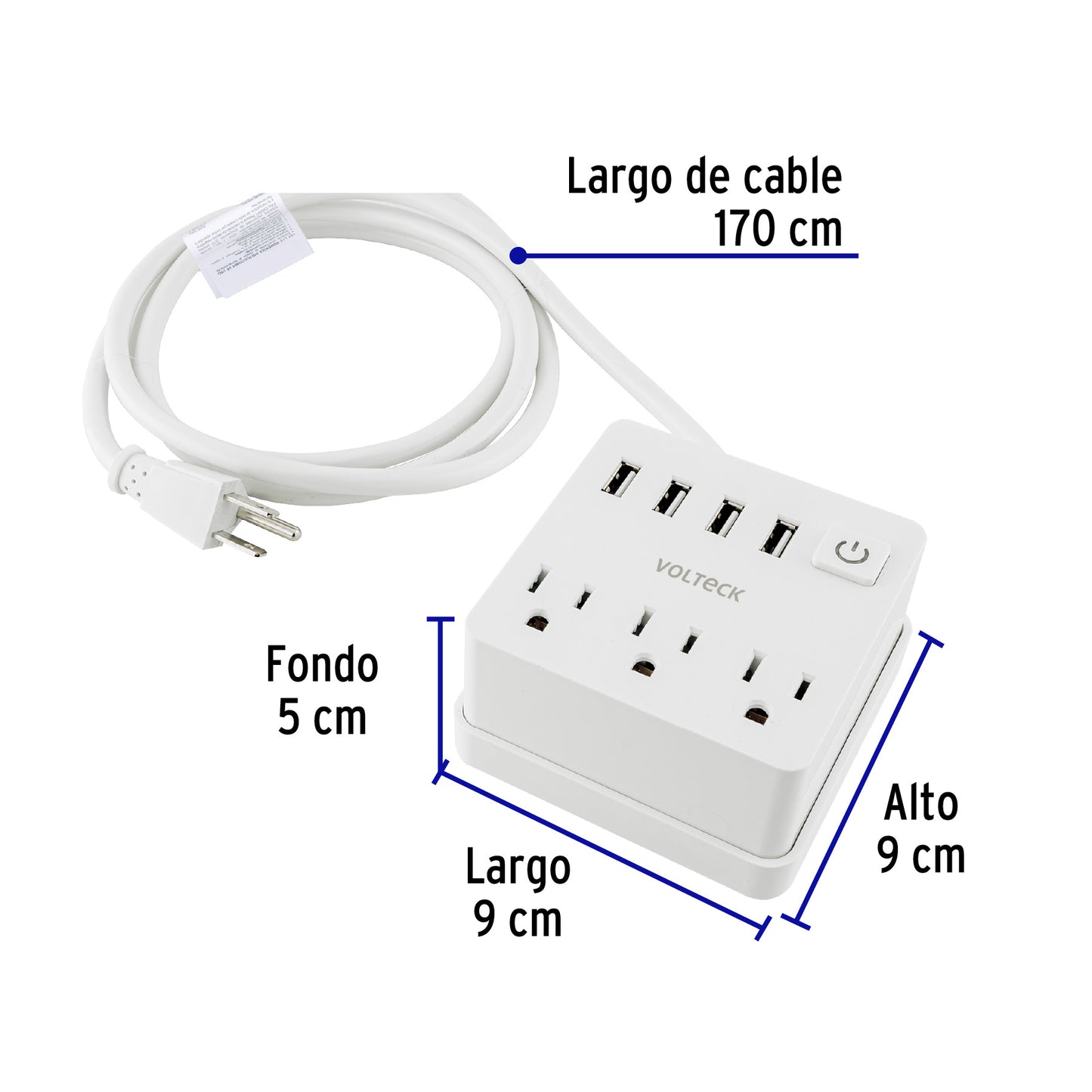 Multicontacto 16 AWG doméstico 3 entradas 4 ptos USB, blanco
