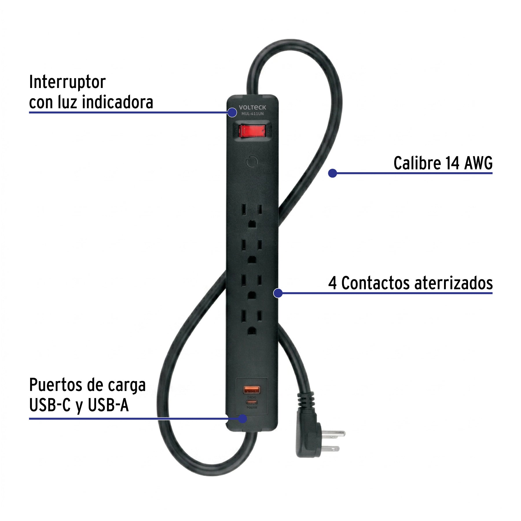 Multicontacto 4 entradas, 1 USB A + 1 USB C, negro, VOLTECK