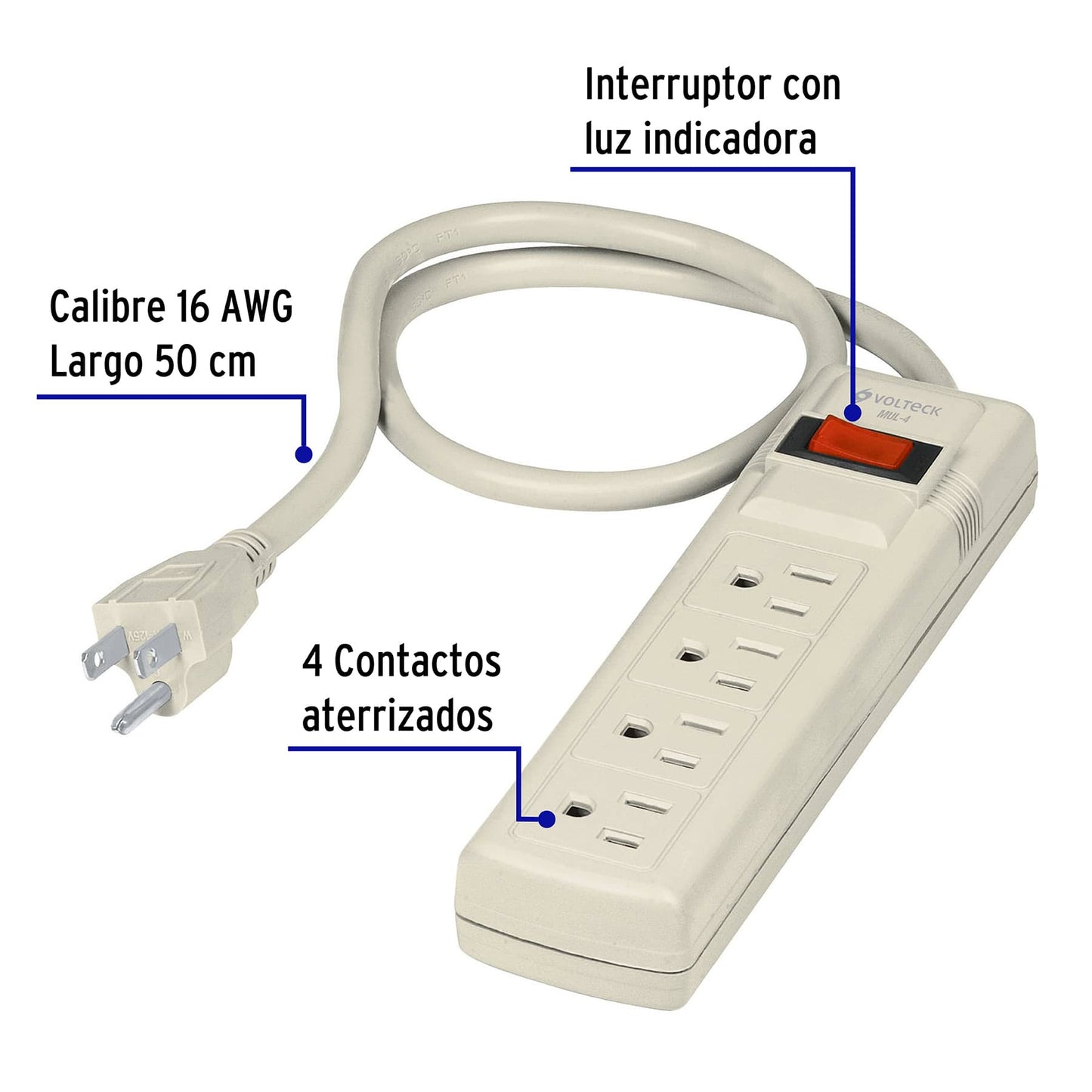 Multicontacto uso doméstico, 4 entradas, 16 AWG