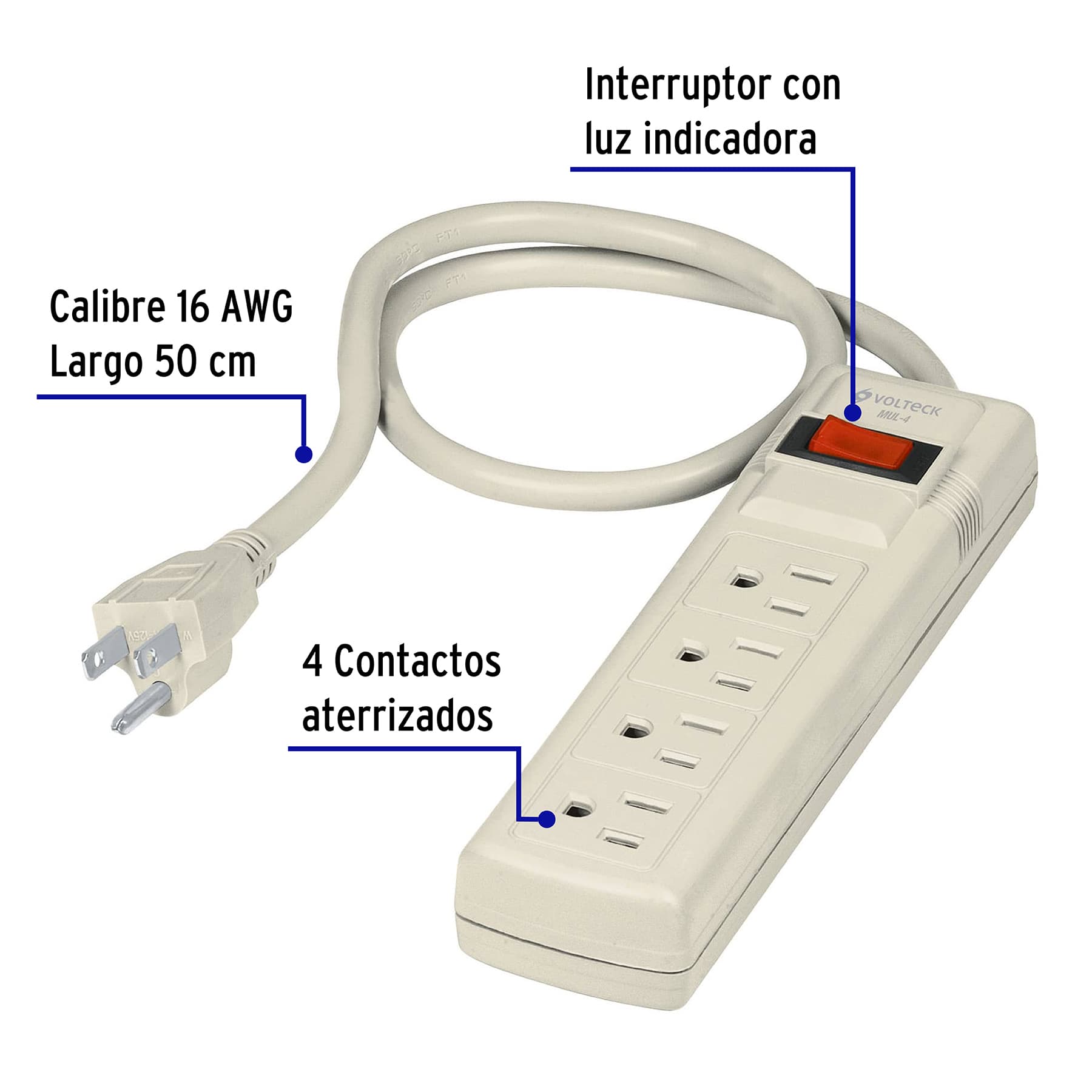 Multicontacto uso doméstico, 4 entradas, 16 AWG