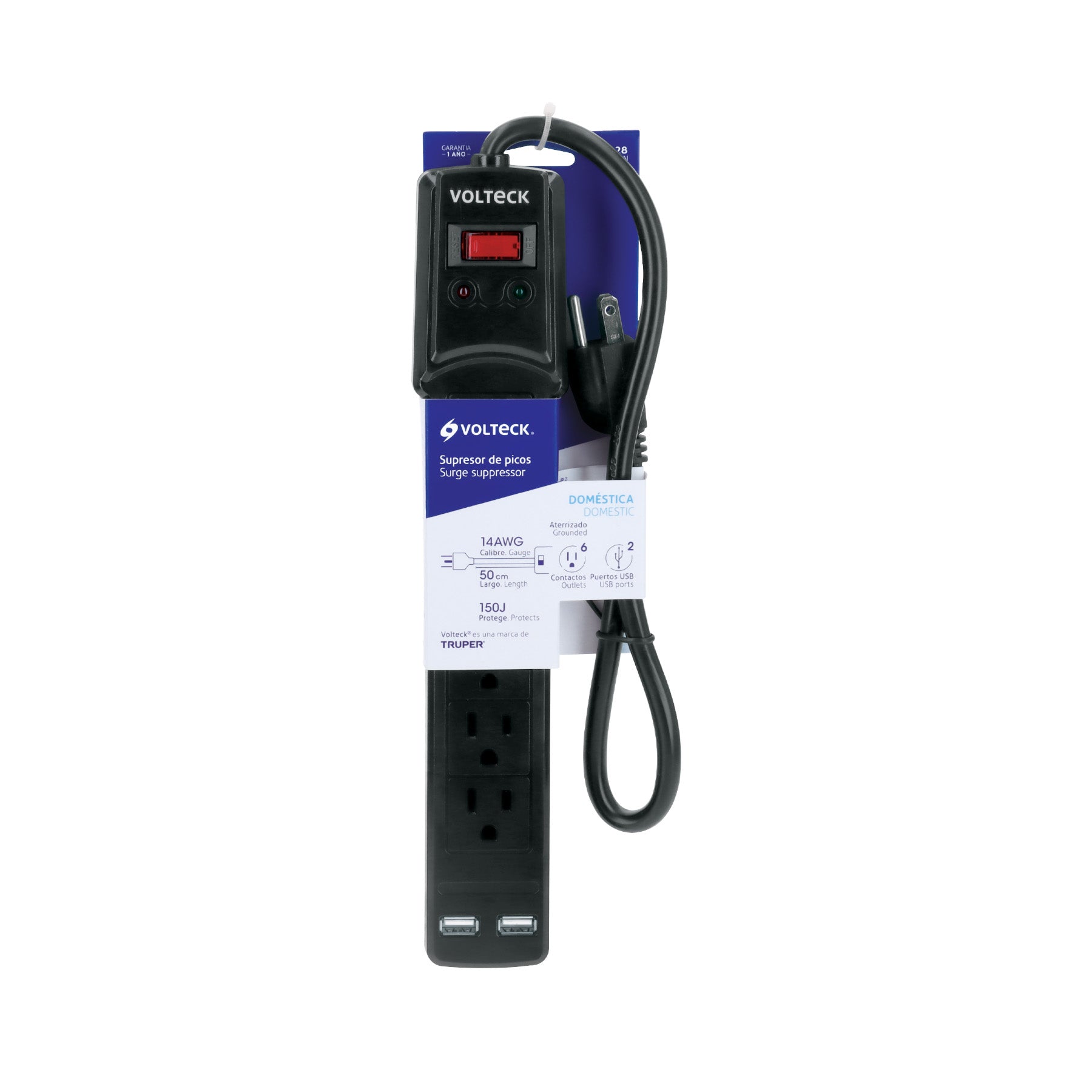 Multicontacto 16 AWG 6 entradas 2 ptos. USB sup. 150J, negro