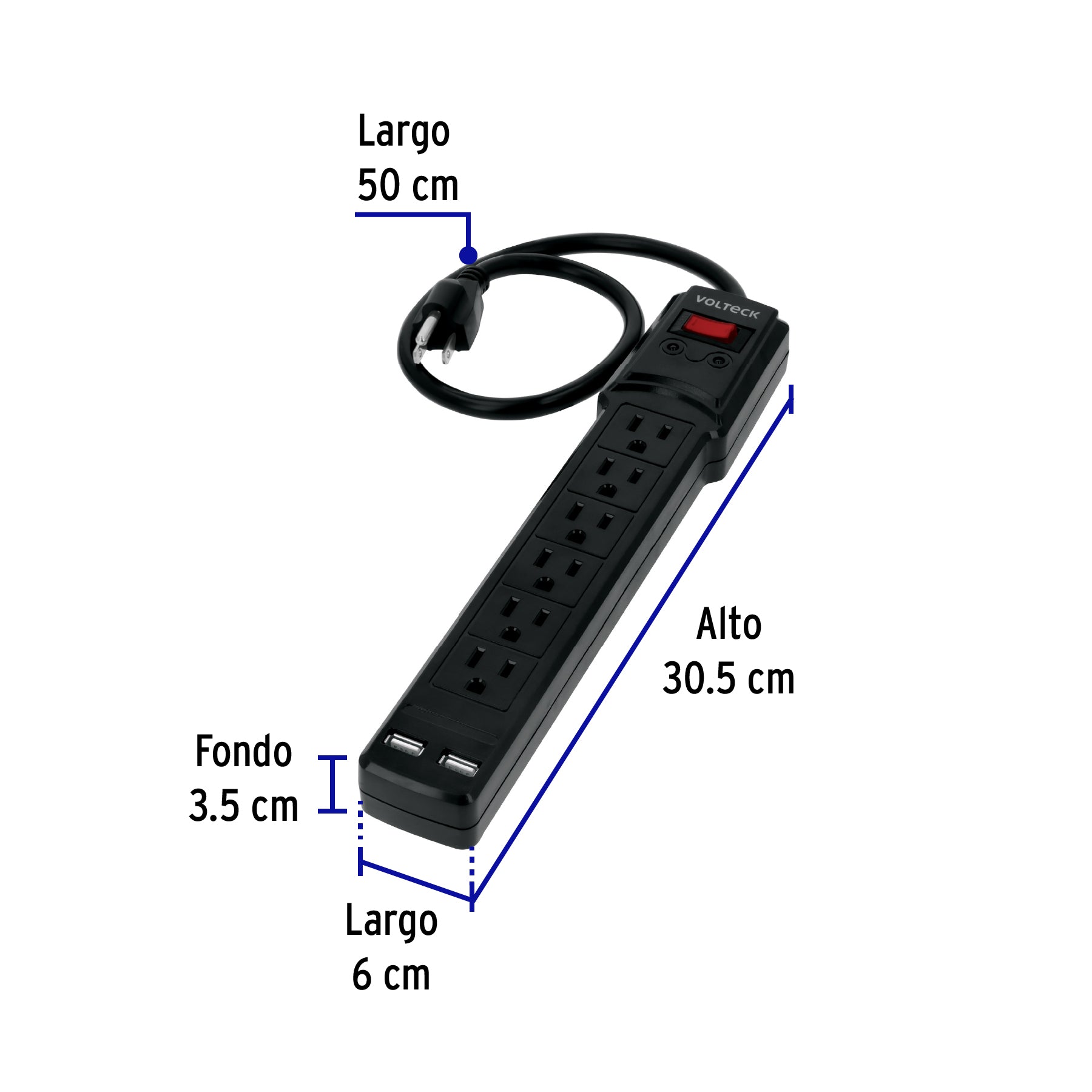 Multicontacto 16 AWG 6 entradas 2 ptos. USB sup. 150J, negro